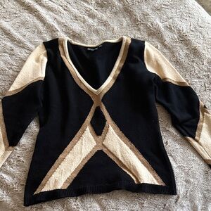 BETTE PAIGE Vintage Black & Beige V-Neck Geometric Sweater L